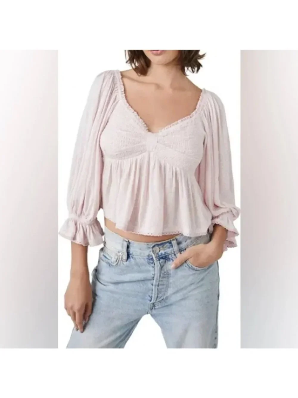 Free People XL Pink Brittnee Print Smocked Peplum Top Boho Coquette Feminine